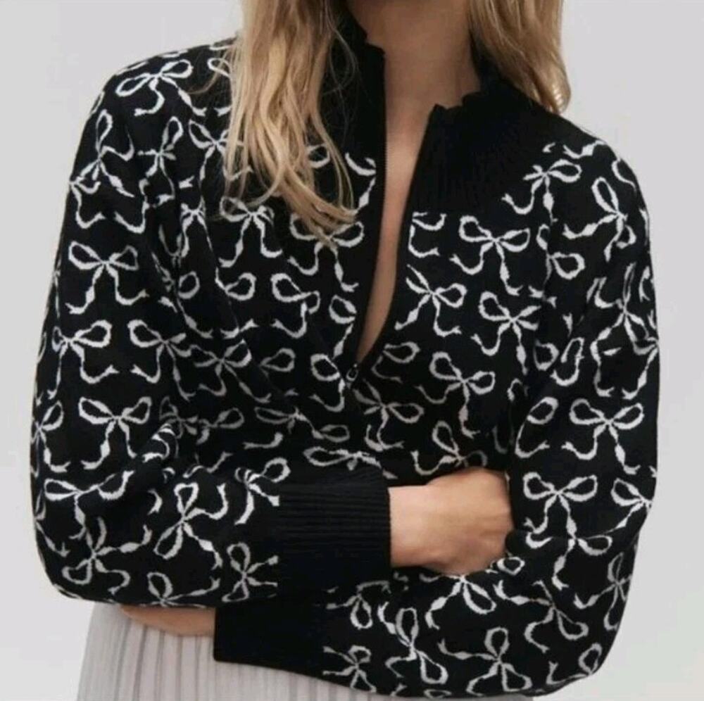 Anthropologie MAEVE Montana Bow Print Sweater Knit Mock Neck Half Zip Large